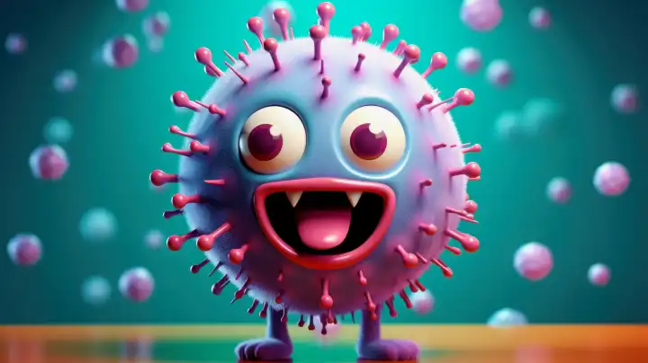 KI generative Illustration eines lila gefärbten Virus-Charakters mit großen Augen
