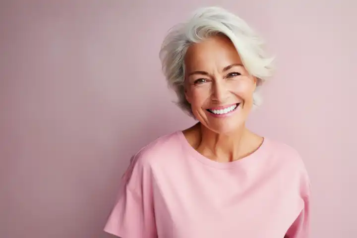 Mittleres Alter grauhaarige Frau Porträt vor rosa Hintergrund mit Kopierraum, generiert mit KI