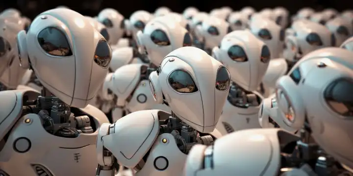 KI generative Illustration einer Menge von Robotern, alle sehen gleich aus