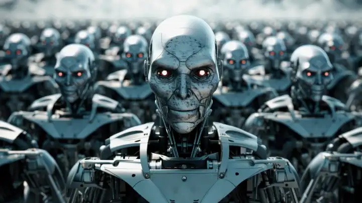 KI generative Illustration einer wütend aussehenden Roboterarmee, alle sehen gleich aus