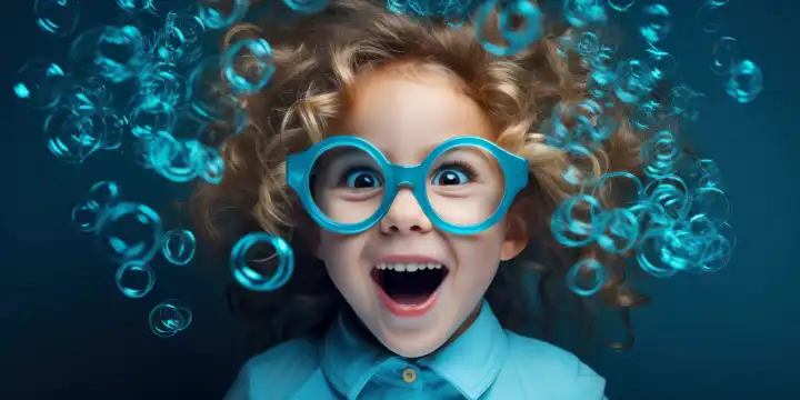 Nettes Mädchen mit lockigem Haar und überraschtem Gesicht trägt eine riesige blaue Brille, generiert mit KI