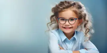 Porträt von einem Mädchen mit einer Brille und Textfreiraum, generiert mit KI