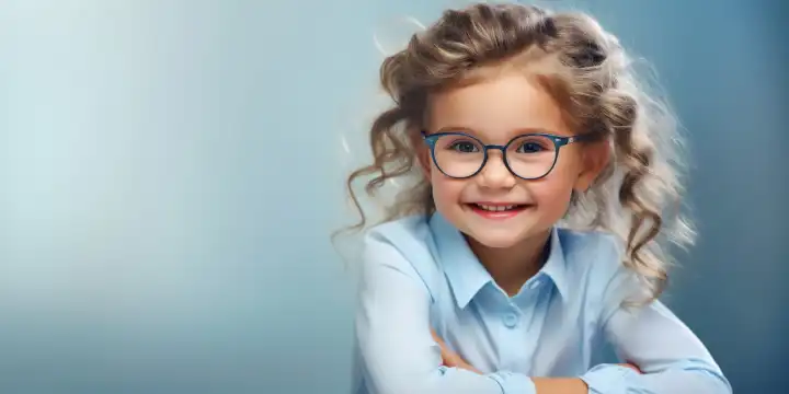 Porträt von einem Mädchen mit einer Brille und Textfreiraum, generiert mit KI