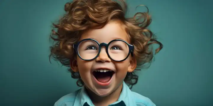 Netter kleiner Junge mit einem glücklichen Gesicht trägt eine Brille, generiert mit KI