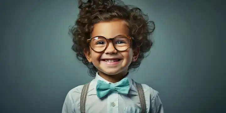 Netter kleiner Junge mit einem glücklichen Gesicht trägt eine Brille, generiert mit KI