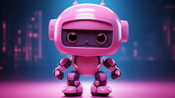 KI Generative 3D-Illustration eines niedlichen rosa Roboters vor blauem Magenta-Hintergrund