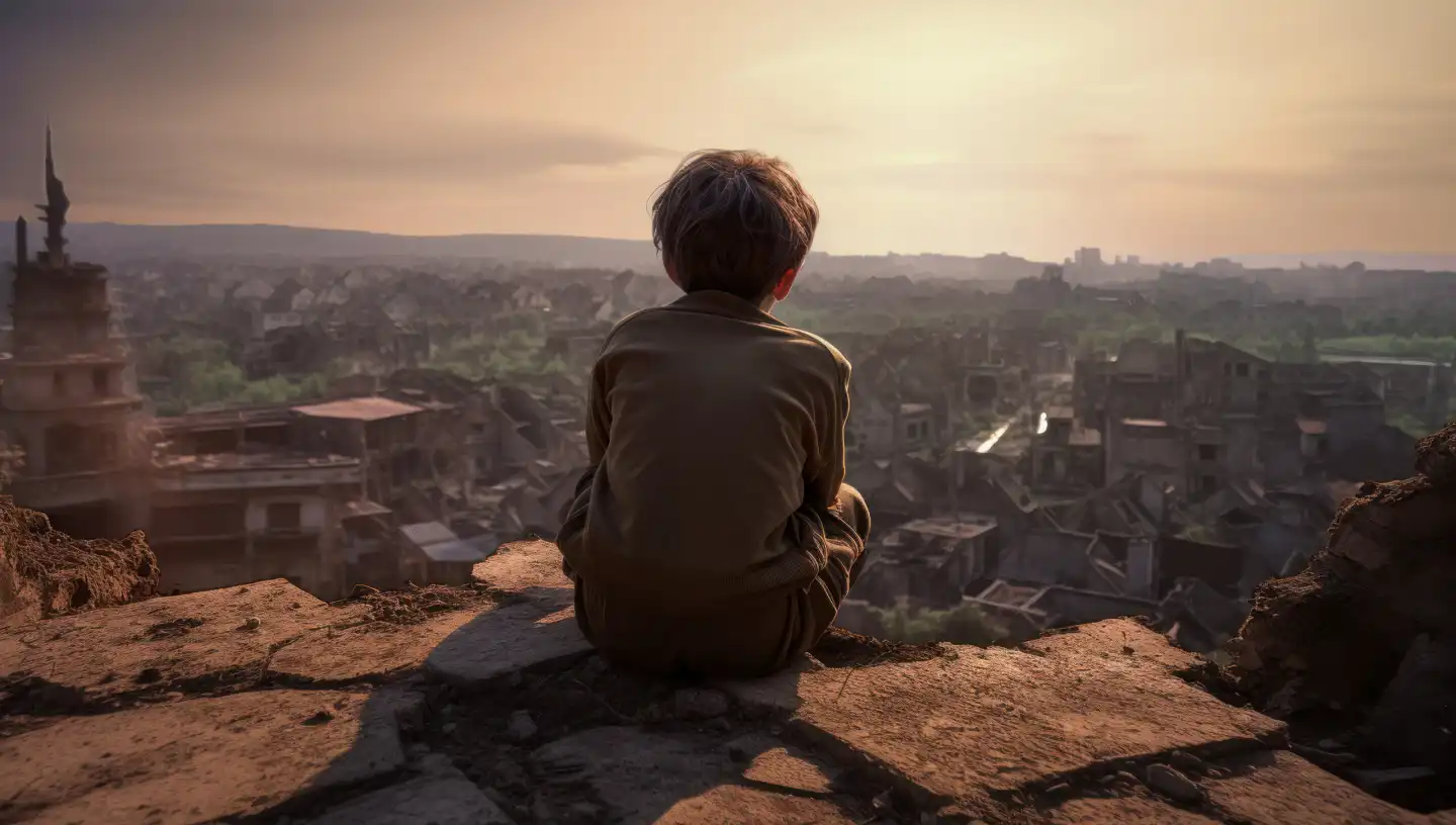 a young boy looking out over a destroyed city in ruins, generated with AI