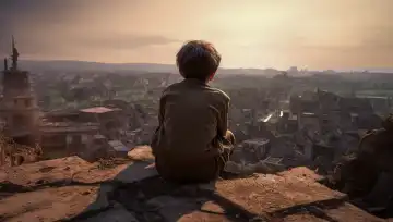 Ein kleiner Junge schaut über eine zerstörte Stadt in Trümmern, generiert mit KI