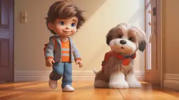 ai generative 3d illustration of a cartoon boy with his cute brown dog in a room