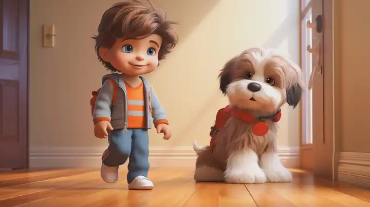 KI generative 3D-Illustration eines Cartoon-Jungen mit seinem süßen braunen Hund in einem Raum