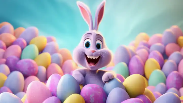 ai generative illustration of a cute funny purple easter rabbit in the middle of pastel colored eggs