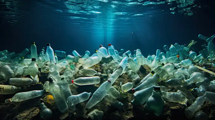 Generative KI-Illustration als Konzept über Kunststoffmülllandung im Meer, Flaschen unter Wasser