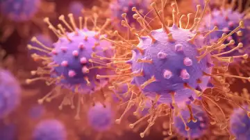 ai generative illustration of purple orange virus close up