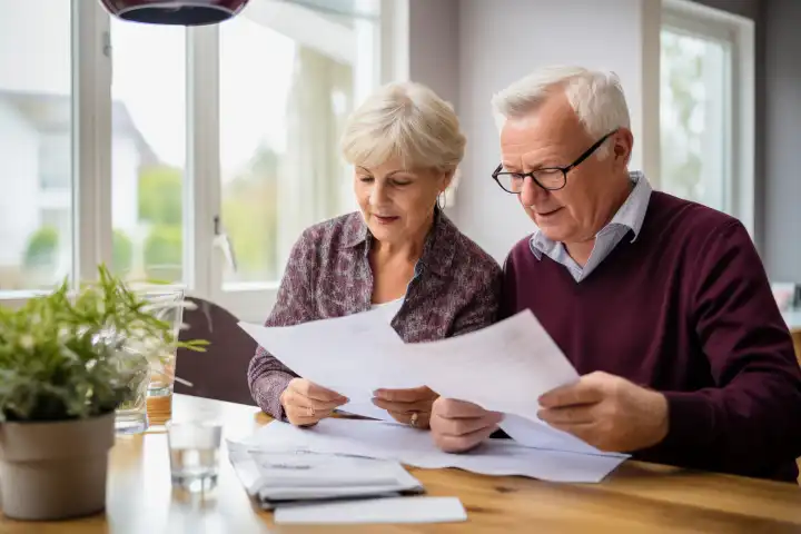 senior couple looking at paperwork at home, generated with AI