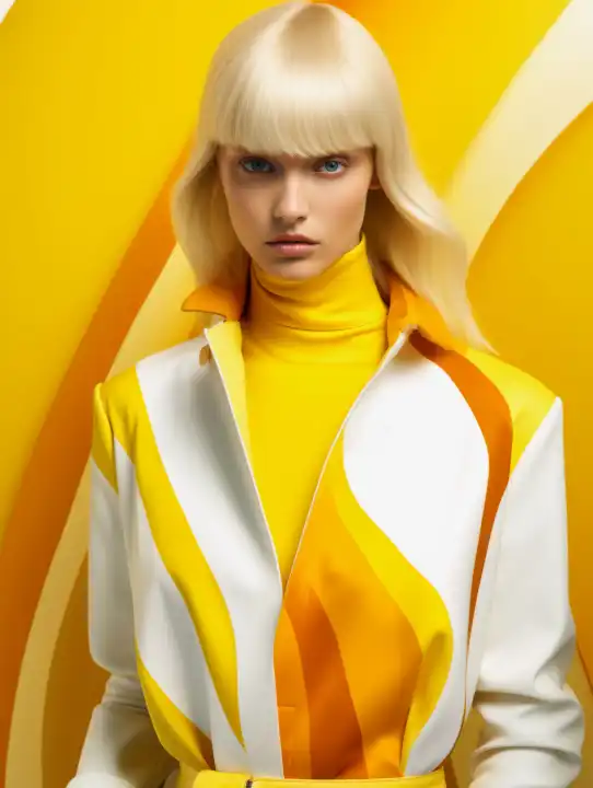 Blondes Modell mit weiß-gelbem Modeoutfit, generiert mit KI