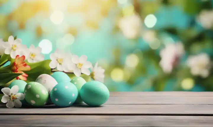 ai generative illustration of an easter background with green easter eggs on wooden table against a blurry garden background, copy space