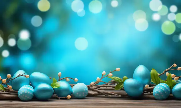ai generative illustration of a background with small blue easter eggs and a blurred background with copy space for any text