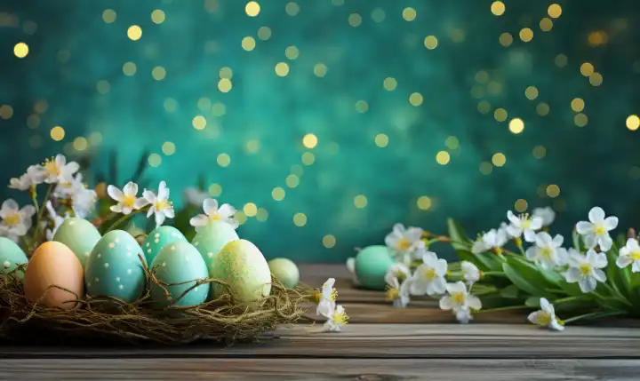 AI Generative Illustration eines Osterhintergrundes mit farbigen Eiern in einem Nest mit Frühlingsblumen und Kopierraum für jeden Text