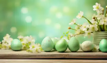 ai generative illustration of a background with green easter eggs and spring flowers against intentionally blurred background with copy space for any text