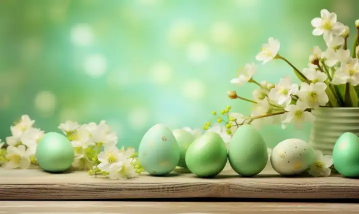 ai generative illustration of a background with green easter eggs and spring flowers against intentionally blurred background with copy space for any text