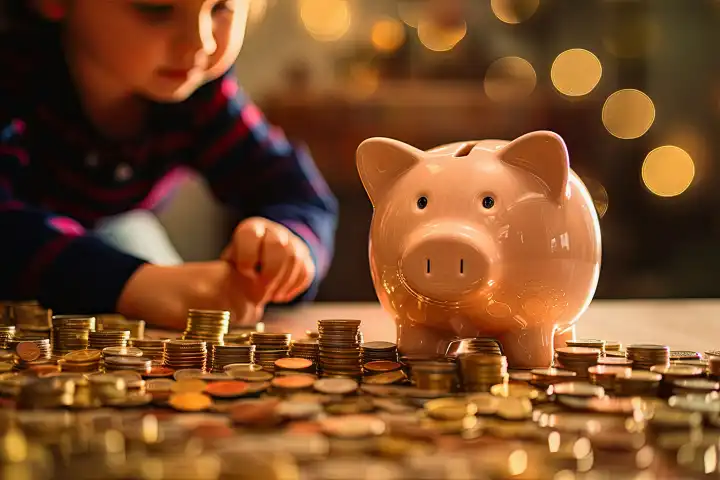 KI generative Illustration eines Kindes verschwommen im Hintergrund mit einem Sparschwein und viele Münzen