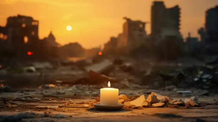 Eine generative Illustration einer Kerze, die vor einer kriegszerstörten Stadt steht, als kleines Symbol der Hoffnung und des Neubeginns, generiert mit KI