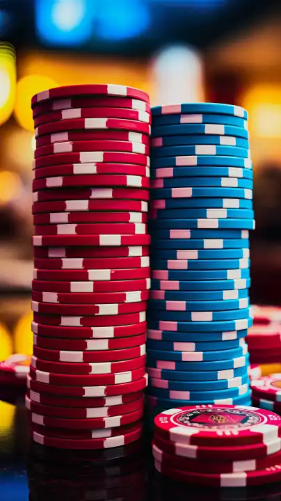 KI Generative Illustration von blau und rot gefärbten gestapelten Casino-Chips