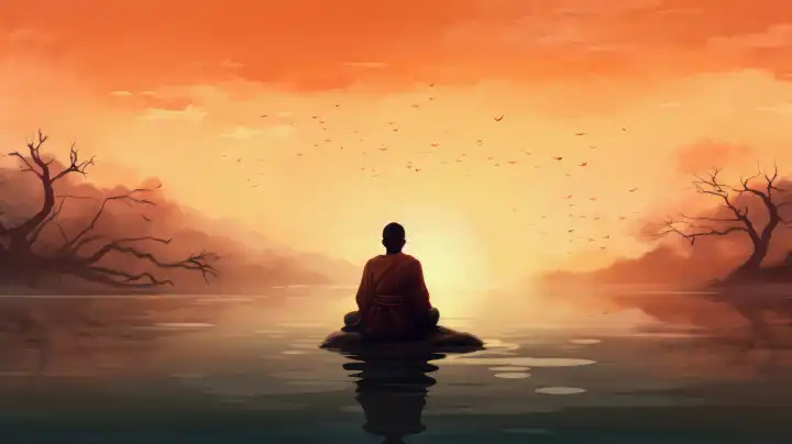 KI Generative Illustration mit friedlichem Zen-Meditationshintergrund in orangefarbenen Farben