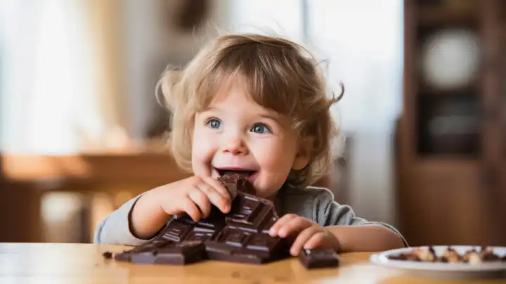 Kleinkind beim Essen von viel dunkler Schokolade, generiert mit KI