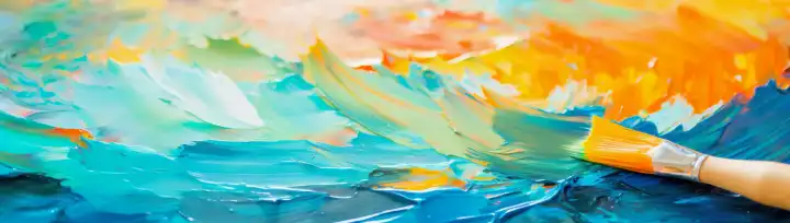KI Generative Illustration eines Acrylgemäldes Banner mit einem Pinsel und Pinselspuren in Blau und Orange Farbe