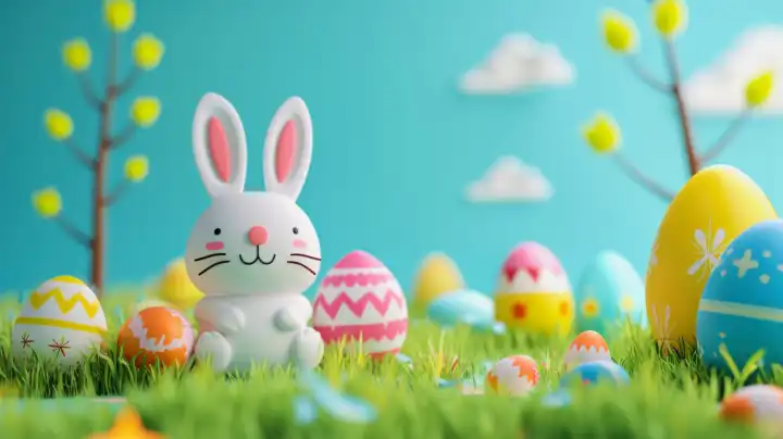 KI Generative Illustration eines niedlichen kindischen 3D-Osterhintergrund mit einem kleinen weißen Osterhasen und Eiern