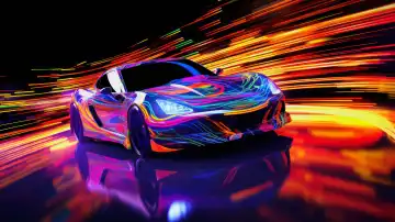 KI Generative Illustration eines Speedcars mit Neonfarben