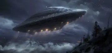 KI Generative Illustration eines fliegenden UFO gegen einen dunklen wolkigen Nachthimmel