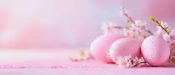 AI Generative Illustration eines schönen rosa Osterhintergrunds mit pastellfarbenen Eiern mit Blumen, Textfreiraum