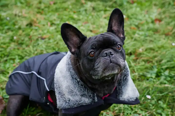 Porträt einer französischen Bulldogge mit Winterjacke