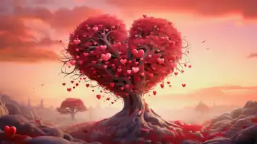 KI Generative Illustration eines herzförmigen Baumes in einer magischen romantischen Landschaft