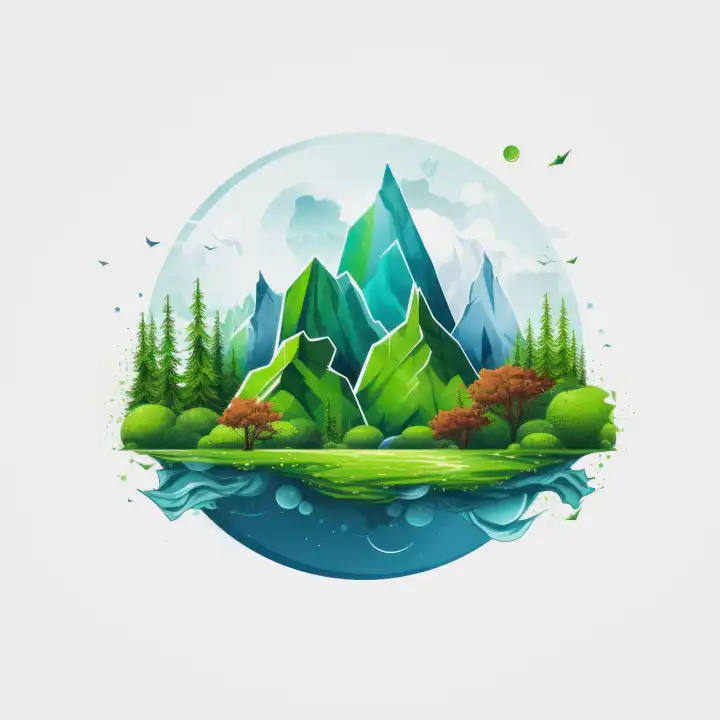 KI Generative Abbildung eines Logos mit grüner Berglandschaft als Symbol für Umweltthemen, weißer Hintergrund