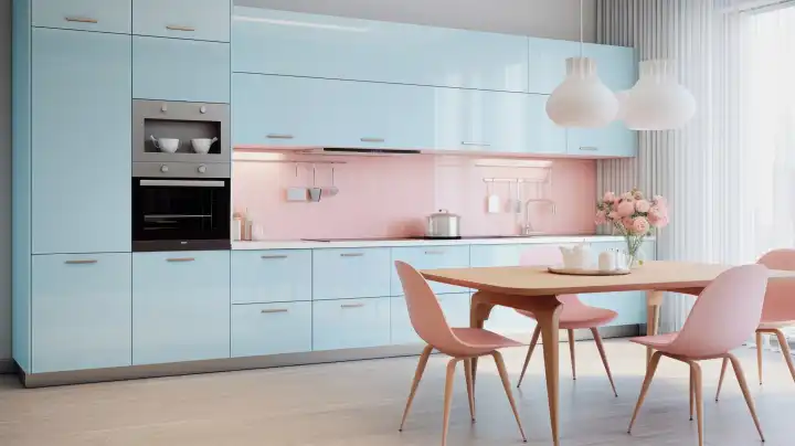 KI Generative Illustration einer hellblauen pastellfarbenen modernen Küche