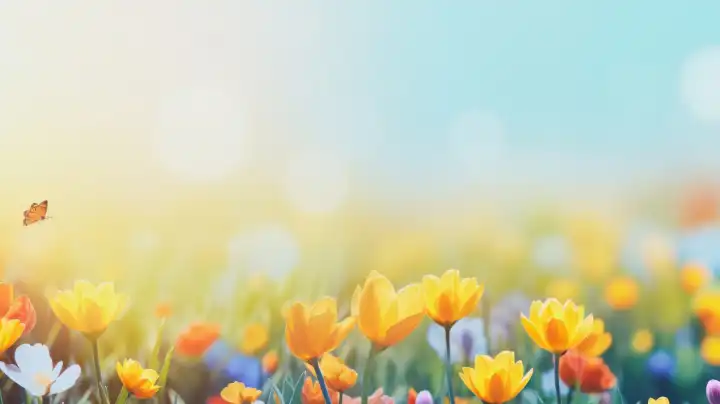 KI Generative Illustration des Frühlingshintergrunds mit Tulpen in gelber und oranger Farbe und unscharfem Hintergrund für Kopierraum