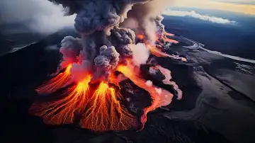 AI Generative Illustration eines Vulkanausbruchs, Drohnenansicht