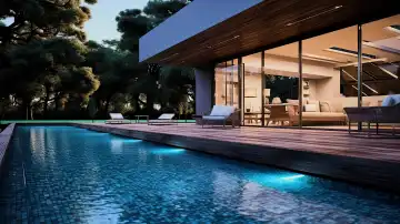 KI Generative Illustration eines modernen Pools neben Designer Home
