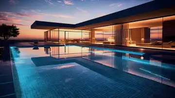KI Generative Illustration eines modernen Pools neben Designer-Haus bei Sonnenuntergang