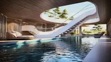KI Generative Illustration eines modernen Pools im Designerhaus