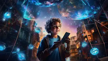 KI Generative Illustration eines kleinen Jungen mit einem mobilen Gerät und einer Fantasy-Cyberspace-Welt