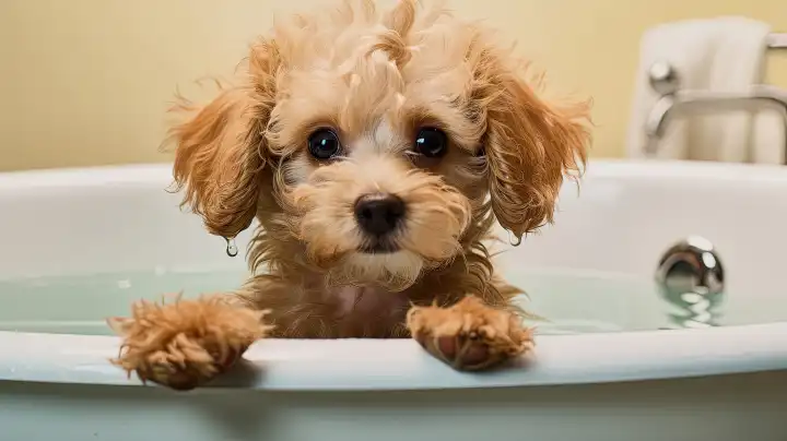 AI Generative, süße kleine Fawn Pudel Welpe in einer Badewanne