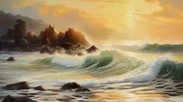Generative Luft-Illustration von Ozeanwellen an einer felsigen Küste in warmen Sonnenlicht im Malstil
