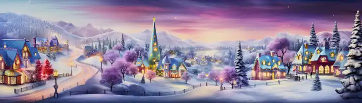 AI Generative, harmonische Winterdorf-Illustration mit schneebedeckten Häusern mit Weihnachtsdekoration, Bannergröße
