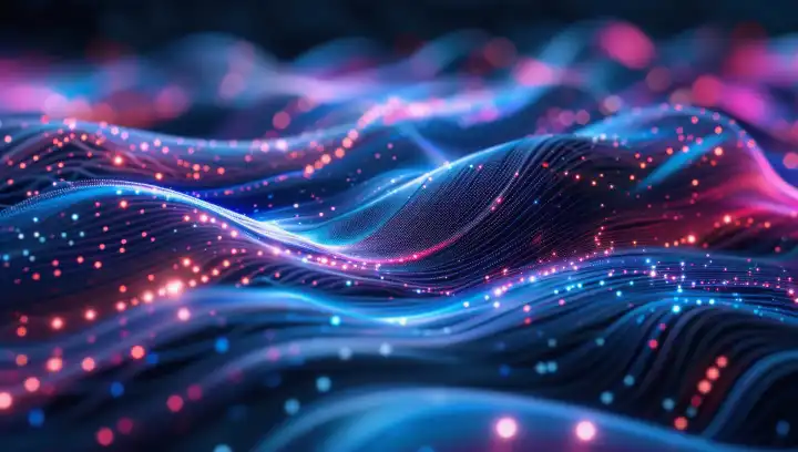KI Generative Illustration eines abstrakten Hintergrundes mit Neonlichtern und Wellenmuster in Blau und Rosa Farbe