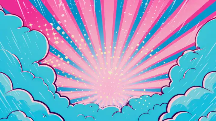 KI Generative Illustration eines Hintergrunds mit blauen Wolken und einem rosa und blau gestreiften Zentrum, Comic-Stil