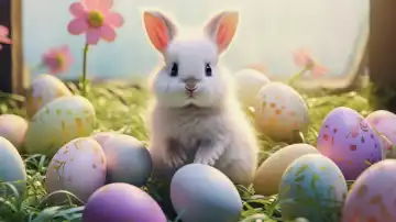 ai generative illustration of an easter bunny with colorful easter eggs on a meadow